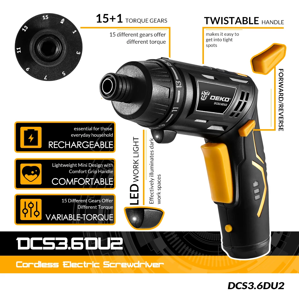 DEKO DCS3.6DU2 Cordless Cacciavite Elettrico con Twistable Maniglia Per Uso Domestico FAI DA TE Batteria Ricaricabile Cacciavite con la Torcia del LED