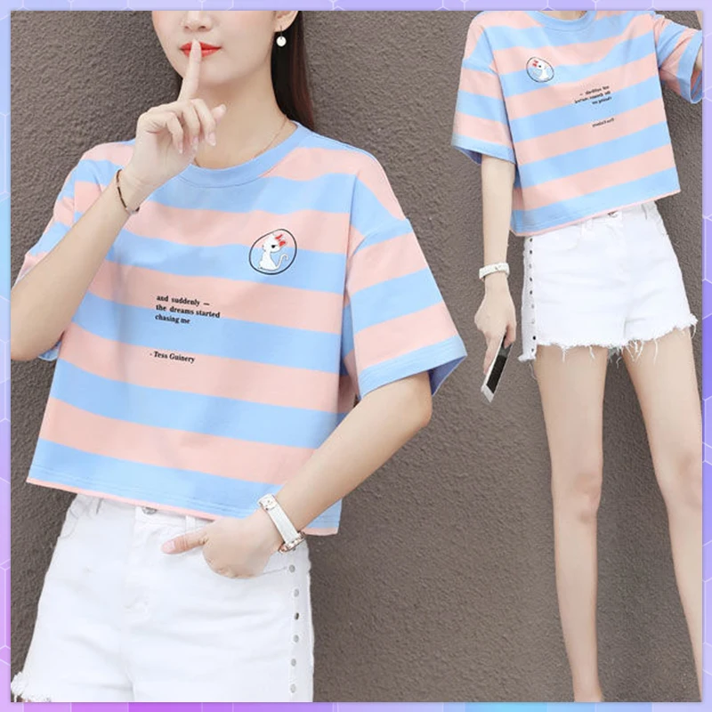 Striped Printing White Crop Top Summer 2021 Plus Size Women's Short-sleeved T-shirts clothes Shirt Loose Tops Lovely Tee Shirt