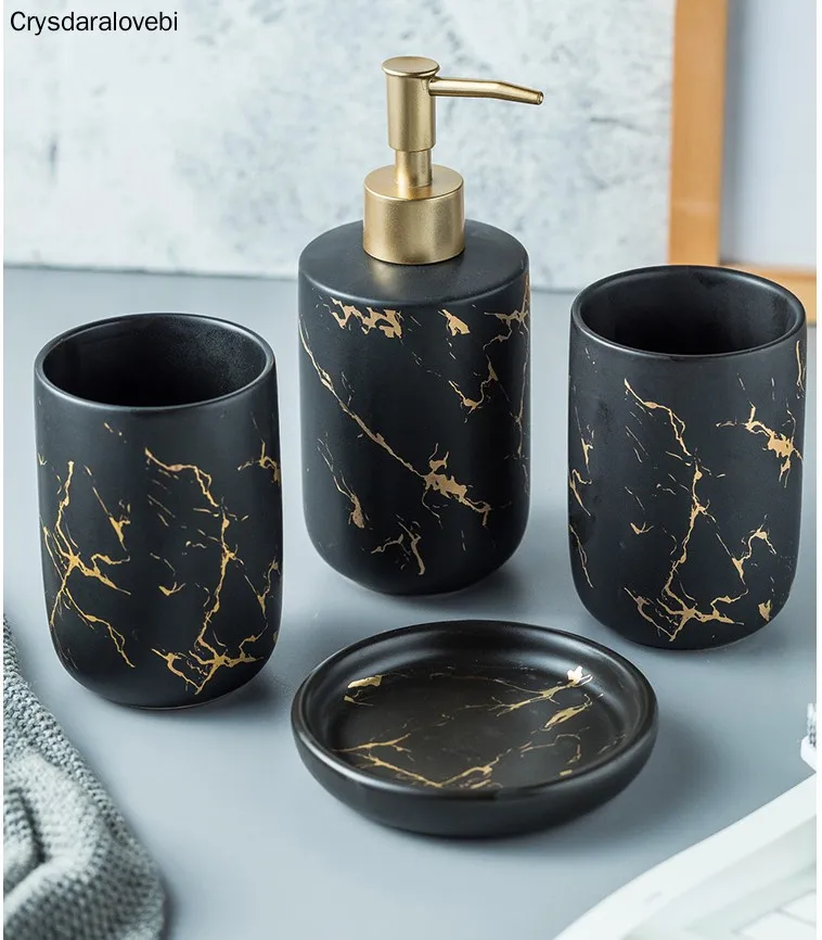 Bathroom Decoration Ceramic Bathroom Set Imitation Marble ceramic Toothbrush Holder Soap Dish Soap Dispenser Washroom Kit