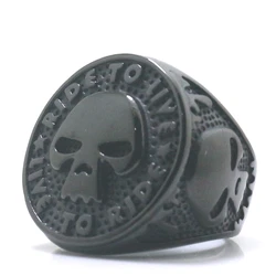 Size 7 to Size 15 Unisex 316L Stainless Steel Cool Ride to Live, Live to Ride Black Flaming Skull Ring