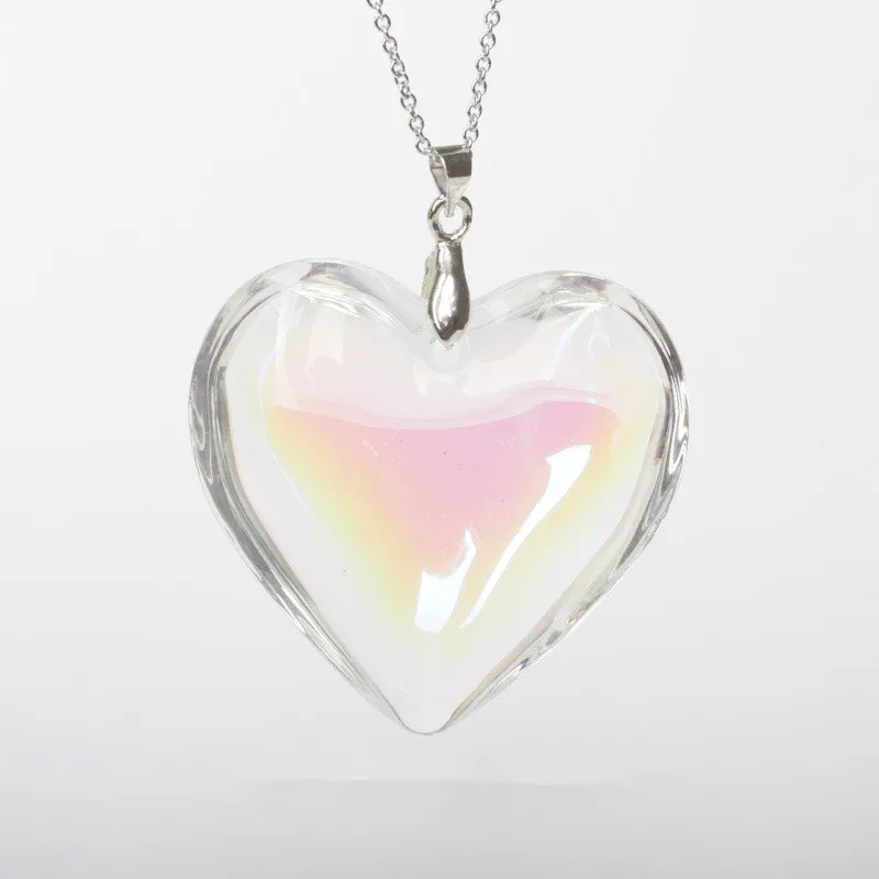 Unique Clear White gradually-changed color Crystal Glass Heart Pendant & Chain Necklace Angel Aura rainbow heart necklace