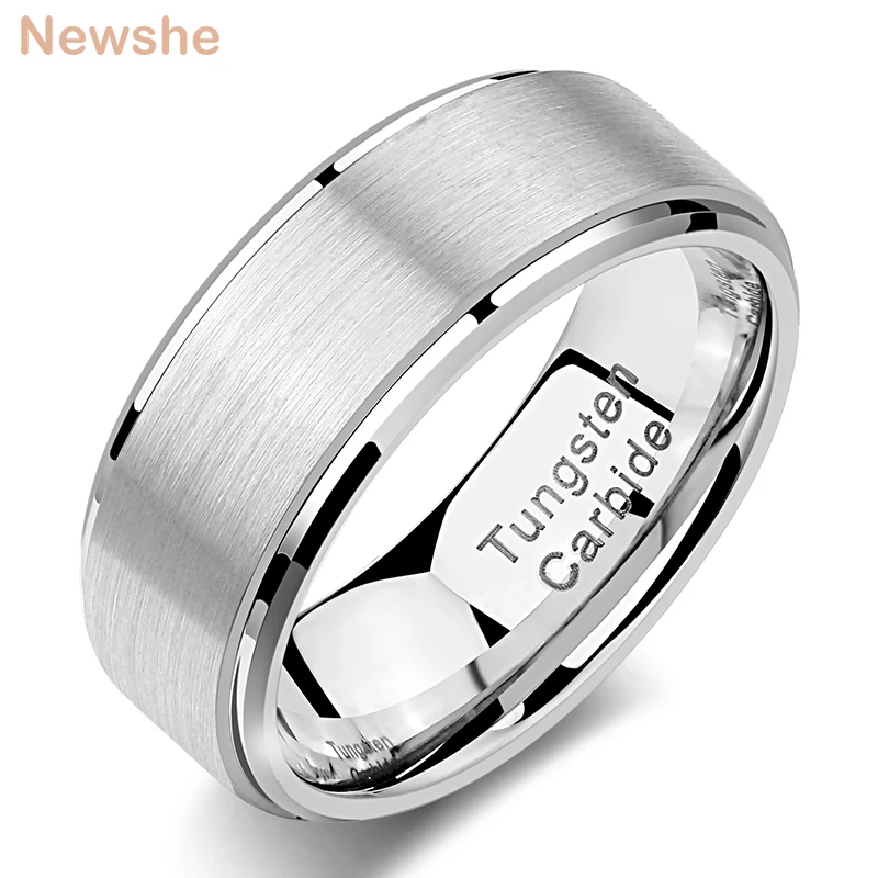 Newshe Tungsten Carbide Wedding Bands for Men 8mm Wide Matte Brushed Silver Color Charm Rings Trendy Jewelry Size 8-13