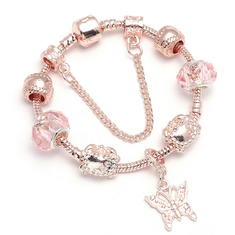 Yexcodes Rose golden butterfly Charm Bracelet With An crown Beads Fits Fine Bracelet Women Party Jewelry Dropshipping
