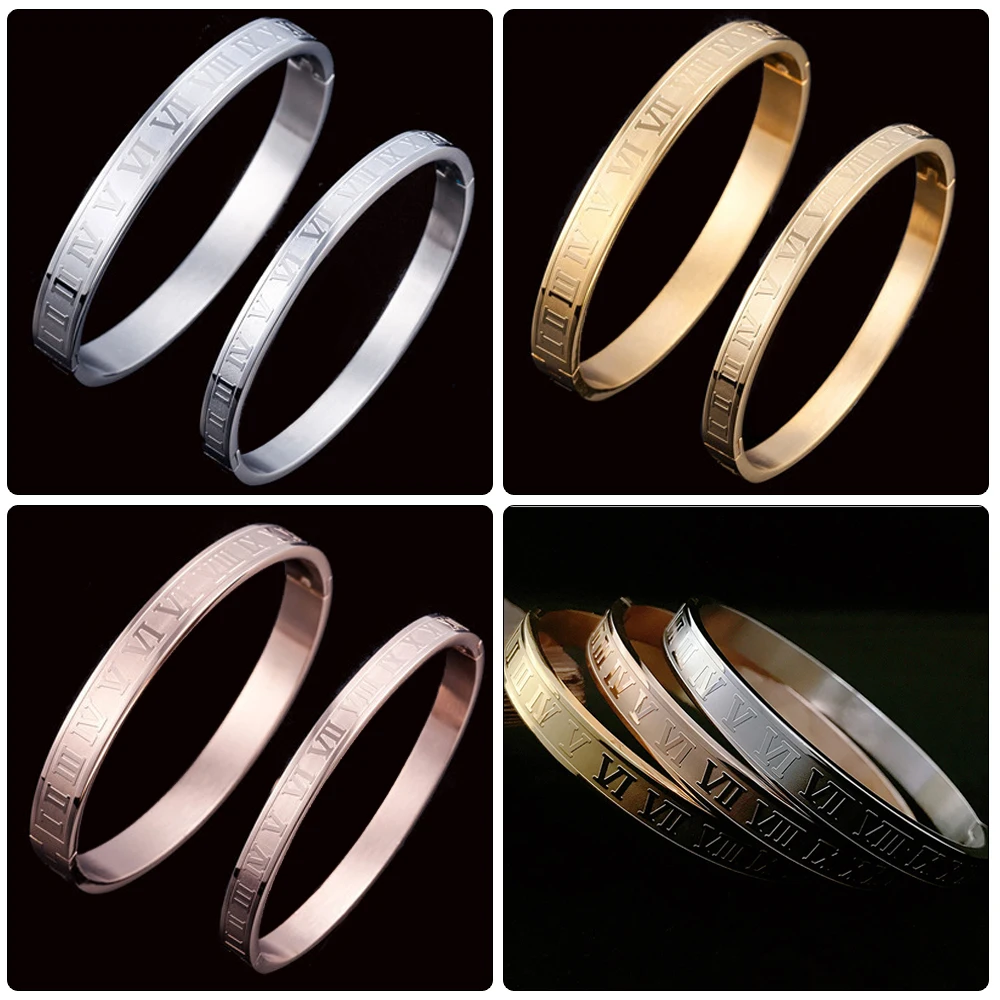 3 Style Stainless Steel Roman Numerals Bracelets Bangles for Women Men Lover Luxury Carving Number Bracelet Wedding Jewelry Gift