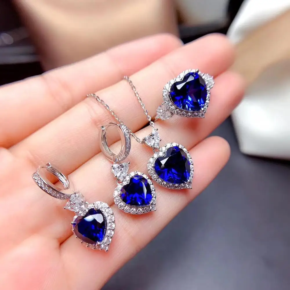 Best Gift Natural and Real Sapphire jewelry set Natural Real Sapphire 925 sterling silver 1pc pendant,1pc ring,2pcs Earring