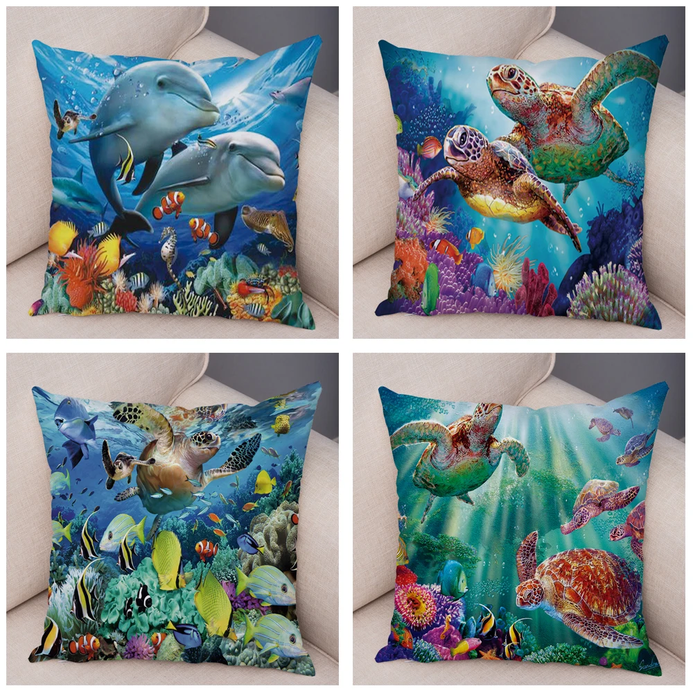 Turtle Shark Dolphin Animal Pillowcase Decor Underwater World Cushion Cover Soft Plush Pillow Case for Sofa Home Car 45x45cm