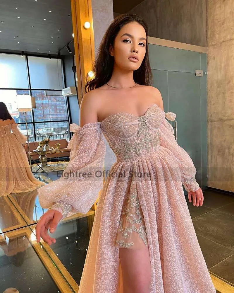 Eightree Pink Wedding Dresses 2021 Puff Long Sleeve Glitter Bride Dress Split Side A Line Sexy Beach Wedding Gowns Customized