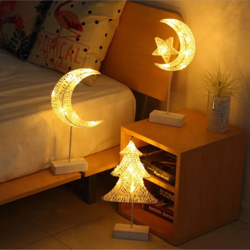 LED Rattan Table Lamp DIY Moon Star Heart Beautiful Night Light Bedside for Christmas Festival Wedding Party Home Decoration