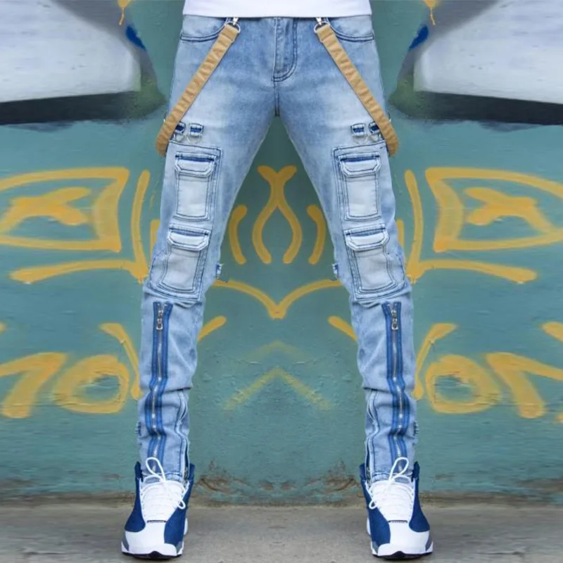 Patchwork Jeans Men Washed Skinny Jeans Men's Trendy Slim Straight Trousers Zipper Cargo Pants Boys Fashion Street Hip Hop Pants