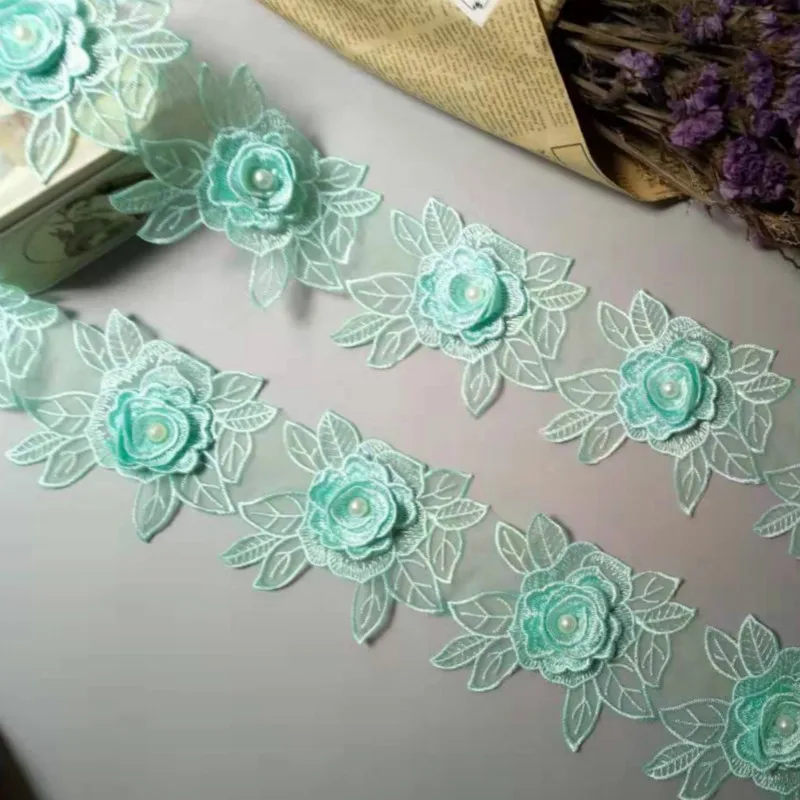 

3 yard Green Polyester Rose Flower Handmade Embroidered Fabric Lace Edge Trim Applique Ribbon DIY Sewing Craft Decoration 10cm