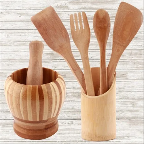 Menzir Bamboo Mortar And Wooden Fork Spoon Set 7 Piece