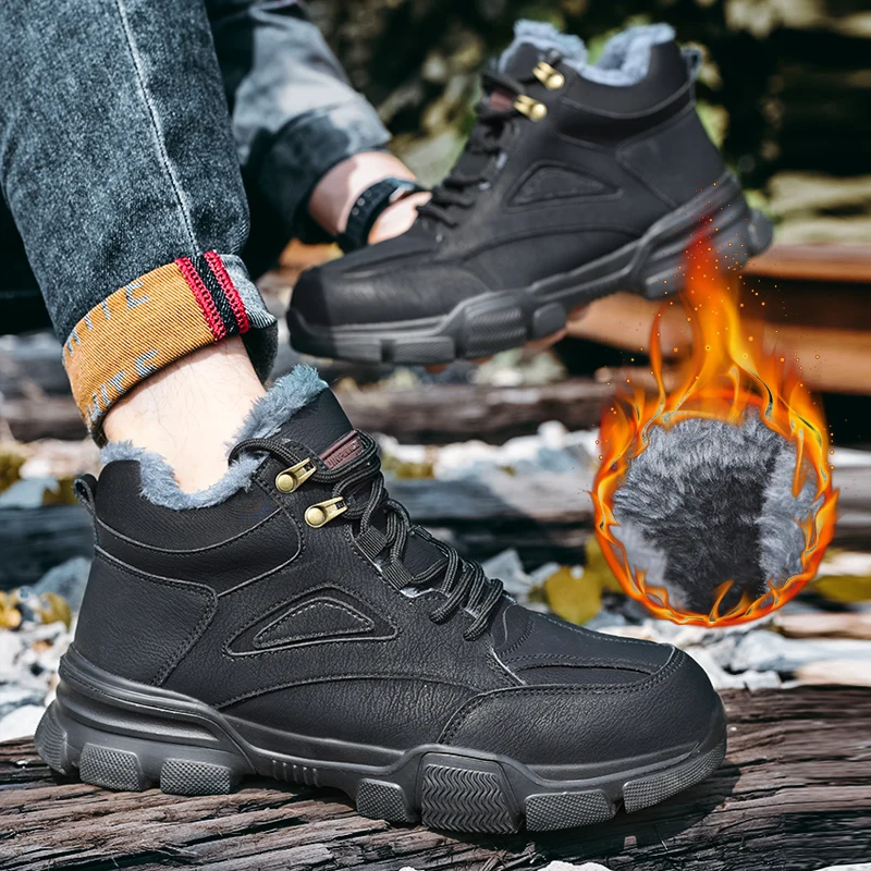 Winter Warm Snow Boots Black Indestructible Steel Toe Work Boots Safety Anti-Smashing Ankle Boots Protective Leather Shoes