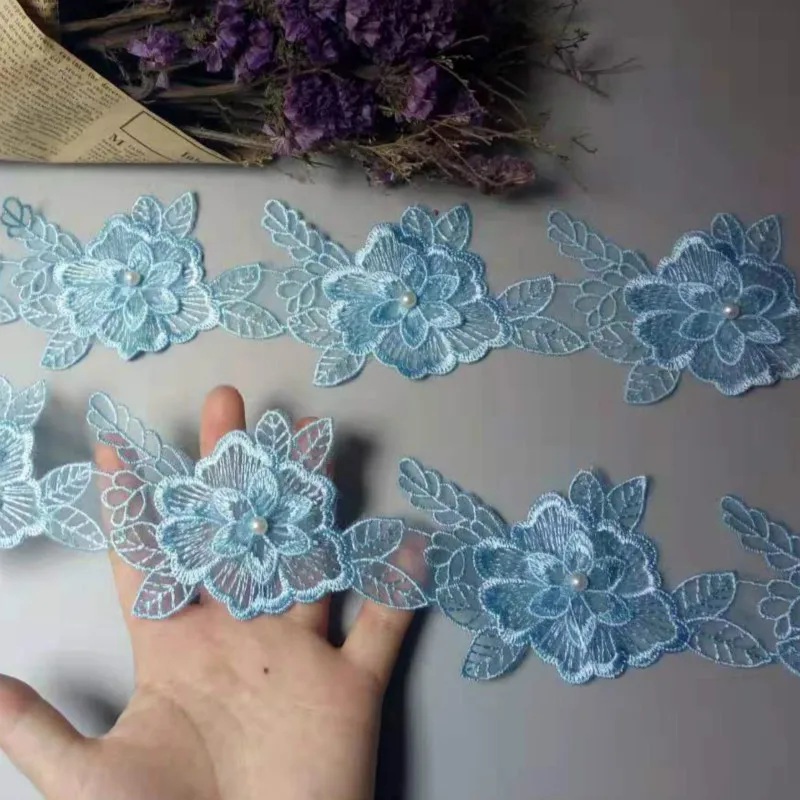 

10pcs Blue Flower Pearl Bead Floral Cotton Leaves Lace Ribbon Trim Fabric Embroidered Applique Sewing Craft Dress 10cm New