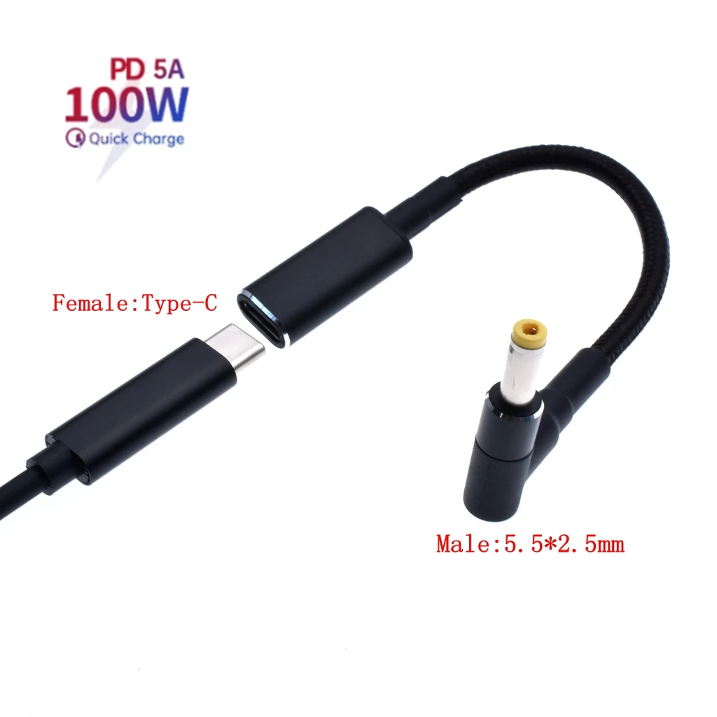 USB Type-C Female plug to DC5.5*2.5MM male plug Fast charging power cable for laptop，USB-C to DC5525 ，100W,5A