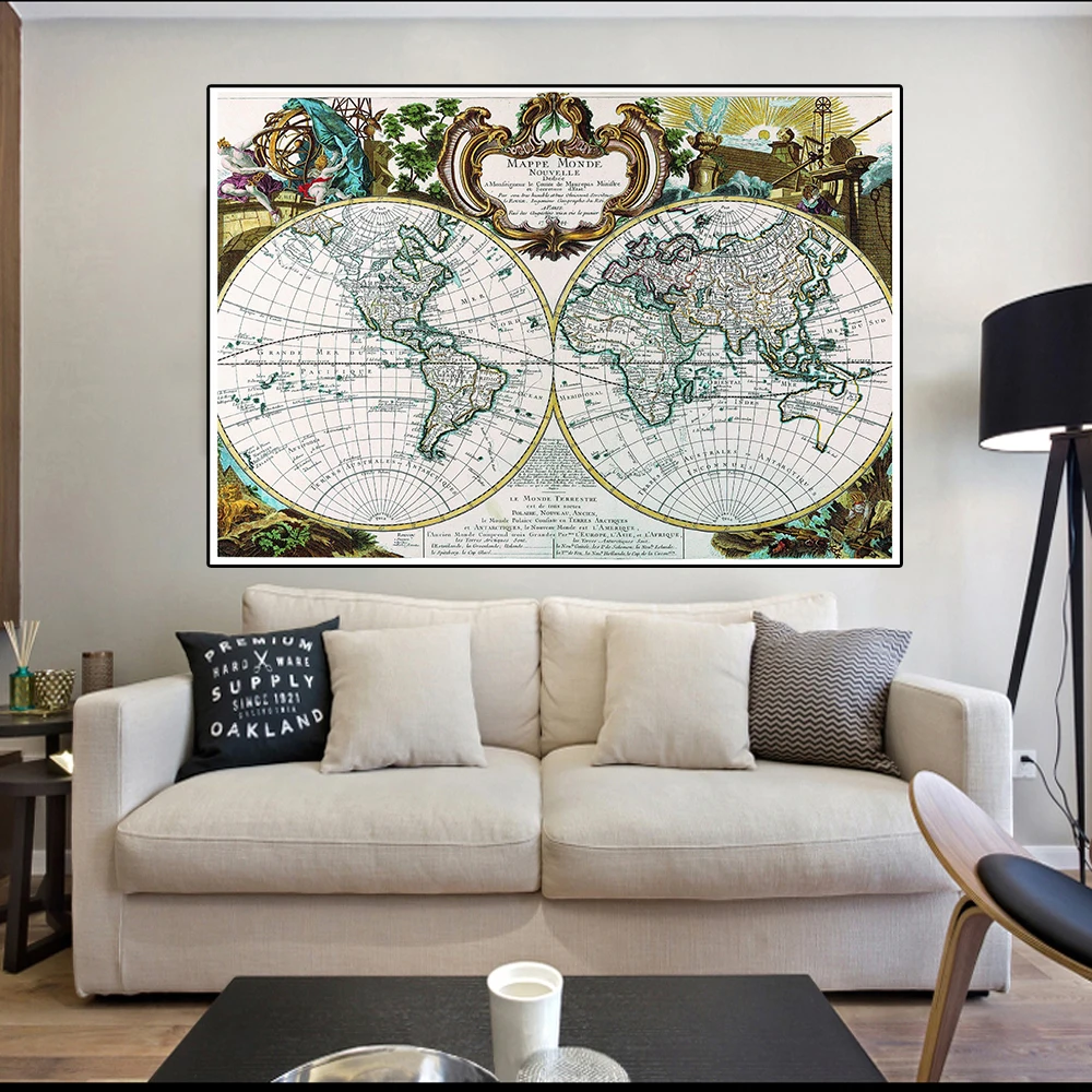 90X60Cm Retro Thế Giới Quả Cầu Bản Đồ Trang Treo Tường Vintage Trang Trí Hình Dán Tường Thẻ Phòng Khách trang Trí Nhà Cửa