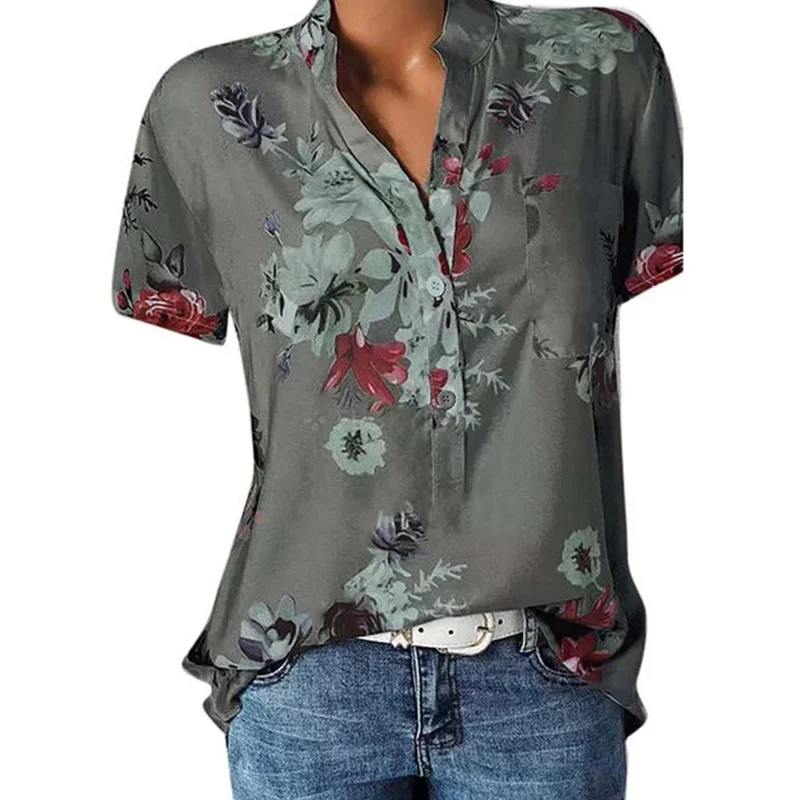 Temperament new women\'s shirt printing large size casual shirt loose V-neck short-sleeved shirt blouse