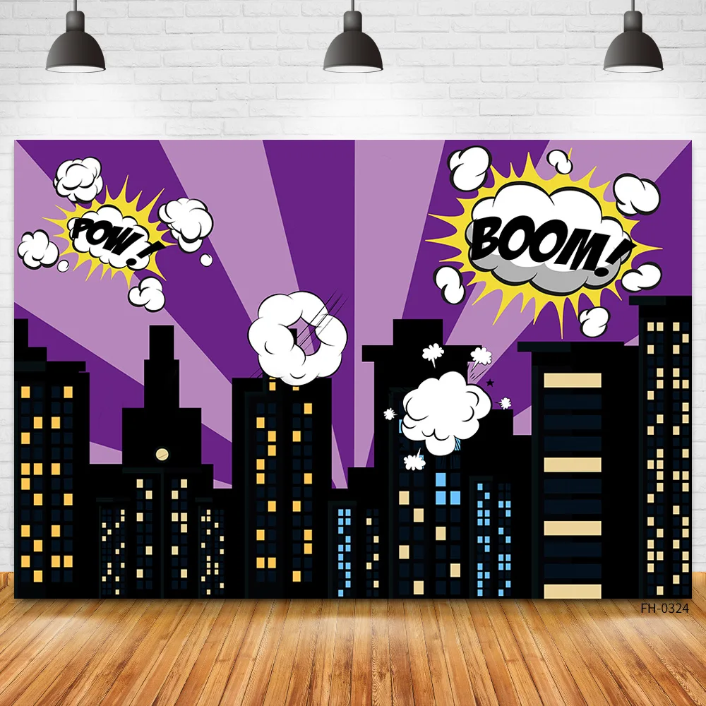 Super Hero Superhero Kids Birthday City Night Buildings Comics Photo Backgrounds Newborn Baby Shower Boys Photography Backdrops