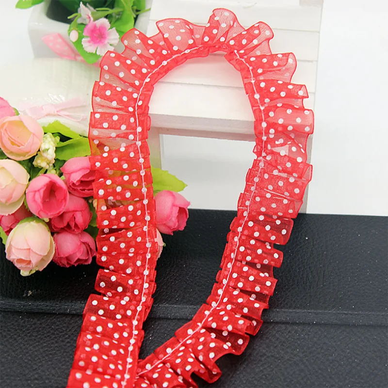 60Yards Beautiful Pleated Trim Vintage Ruffle Lace Ribbon Fabric Sewing Dots Shape Trimming for Kids Dress