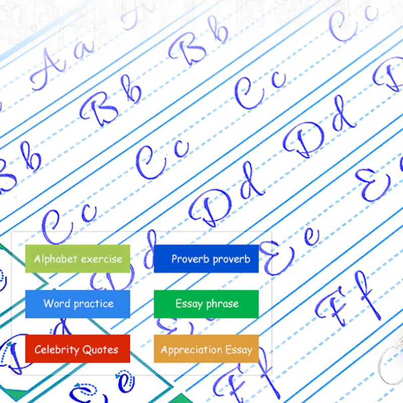 Cópia de letras em inglês para escrita à mão, letreiro redondo para prática de cópia, alfabeto em inglês, letras do auto-desligamento, pode ser reutilizada, 1 peça