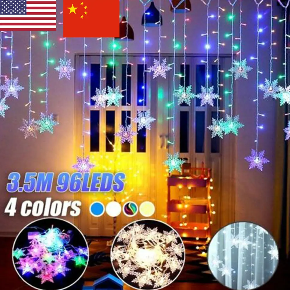 Snowflake LED Curtain String Light Xmas Outdoor Flashing Lights Waterproof Party Decor Memory 8 Modes 4 lighting colors D30