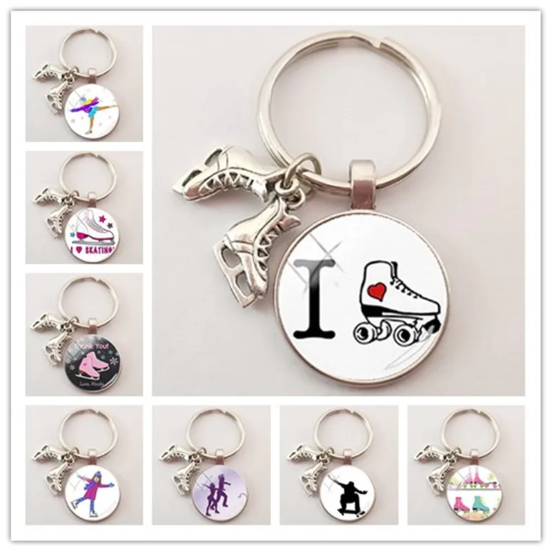 

New Creative Skates Mini Pendant Keychain Glass Dome Charm Keyring Ski Lover Souvenir Winter Ice Rink Gift Man Woman Bag Fashion