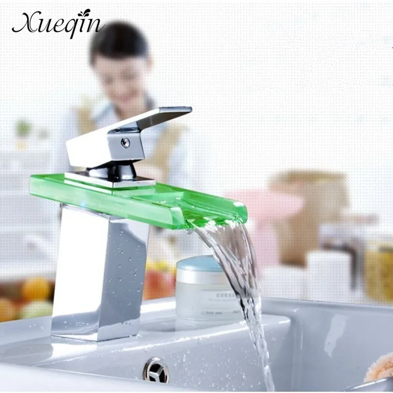 LED Color Changes Glass Waterfall Basin Faucet Bathroom Bath Tub Sink Mixer Tap Single Handle Kitchen Water Faucet Chrome Finish