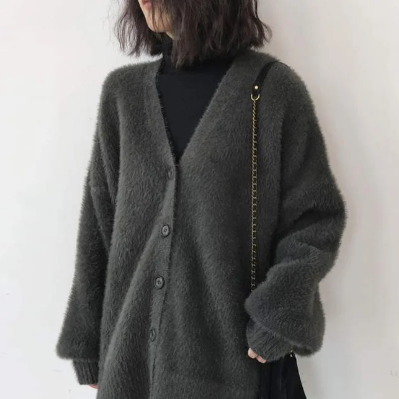 Autumn Winter Women Imitation Mink Cashmere Loose V-neck Coats Lady Casual Solid Color Lazy Style Overcoat New Female Jackets