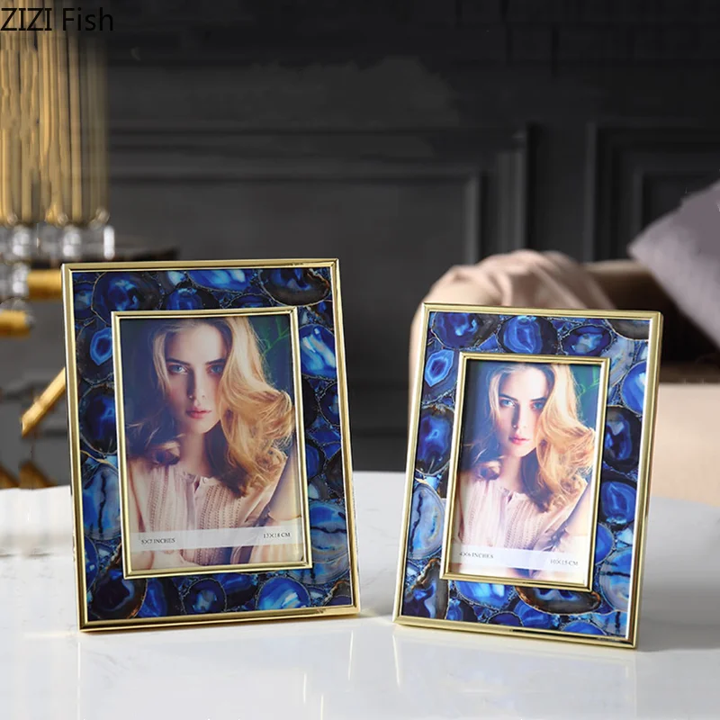 Photo Frame Set Up Creative Agate Pattern Blue Marble Desktop Decoration Photo Storage Modern Home Decoration Photo Frame