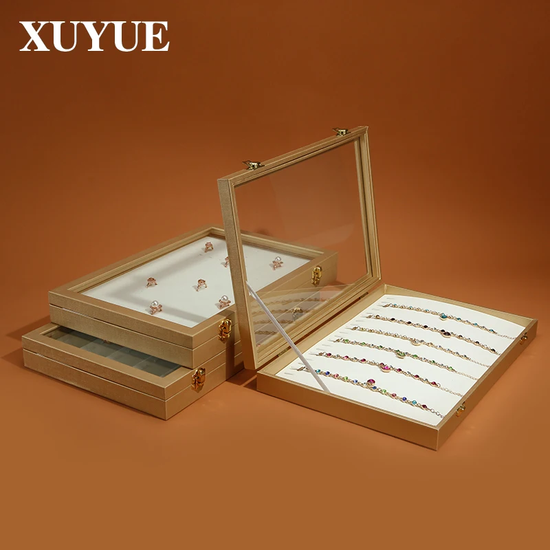 Gold White Thousand Silk PU Glass Cover Jewelry Tray Necklace Pendant Ring Storage Tray Jewelry Storage Tray