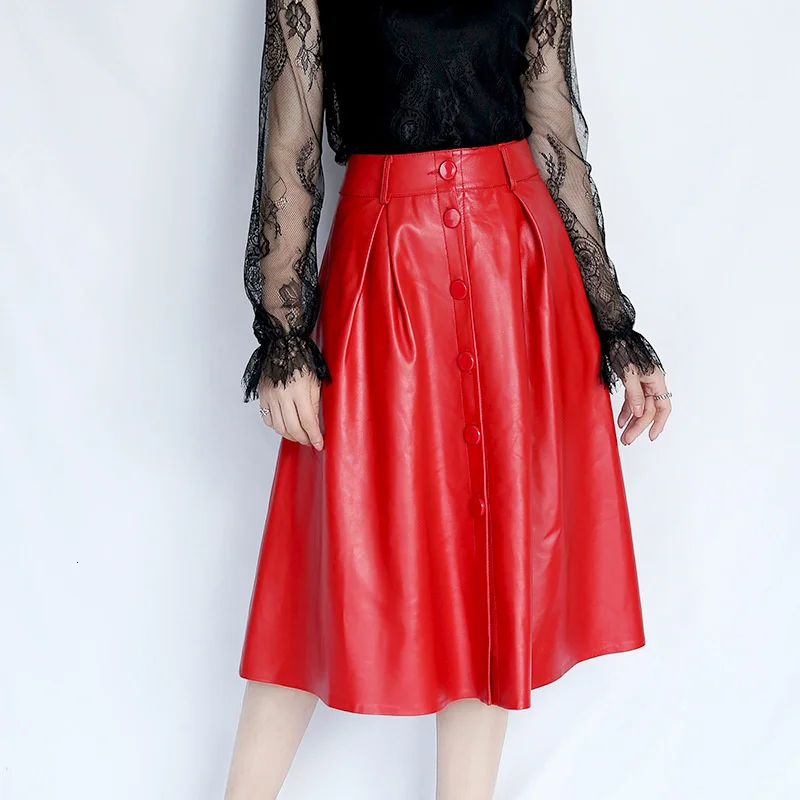 Genuine Leather Skirt Women Real Natural Sheepskin Ladies Office Designs High Waist Long Maxi Skirts Female Red Black Plus Size