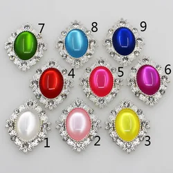 10Pcs 26*31mm Oval Cat Eye Rhinestone Button Silver Metal Wedding Bride Holding Flowers Decorate Hair Accessories Scrapbooking