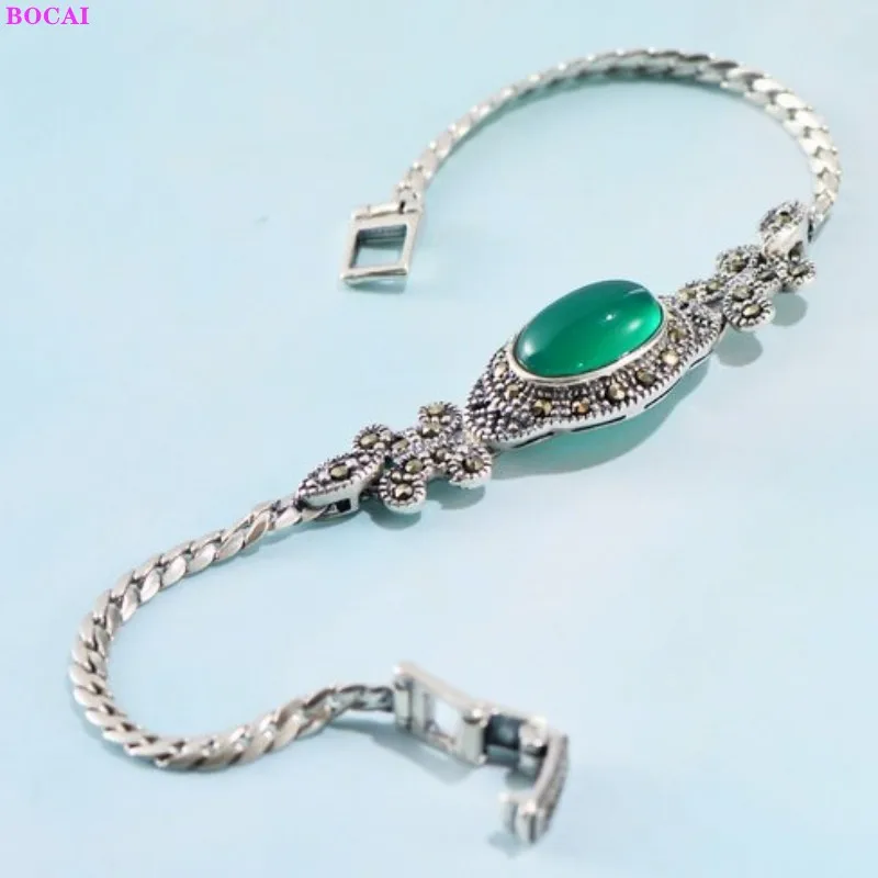 BOCAI 100% 925 Sterling Silver Retro Style Green Chalcedony Marcasite Butterfly Pure Argentum Oval Gemstone Hand Chain For Women