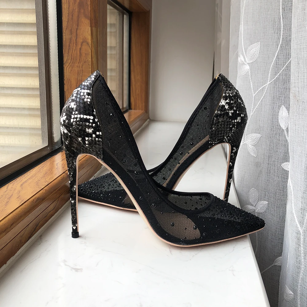 Tikicup Croc-effect Women Pointed Toe Mesh Pumps With Tiny Studs Black Sexy Ladies Party High Heel Shoes Diamond Pumps