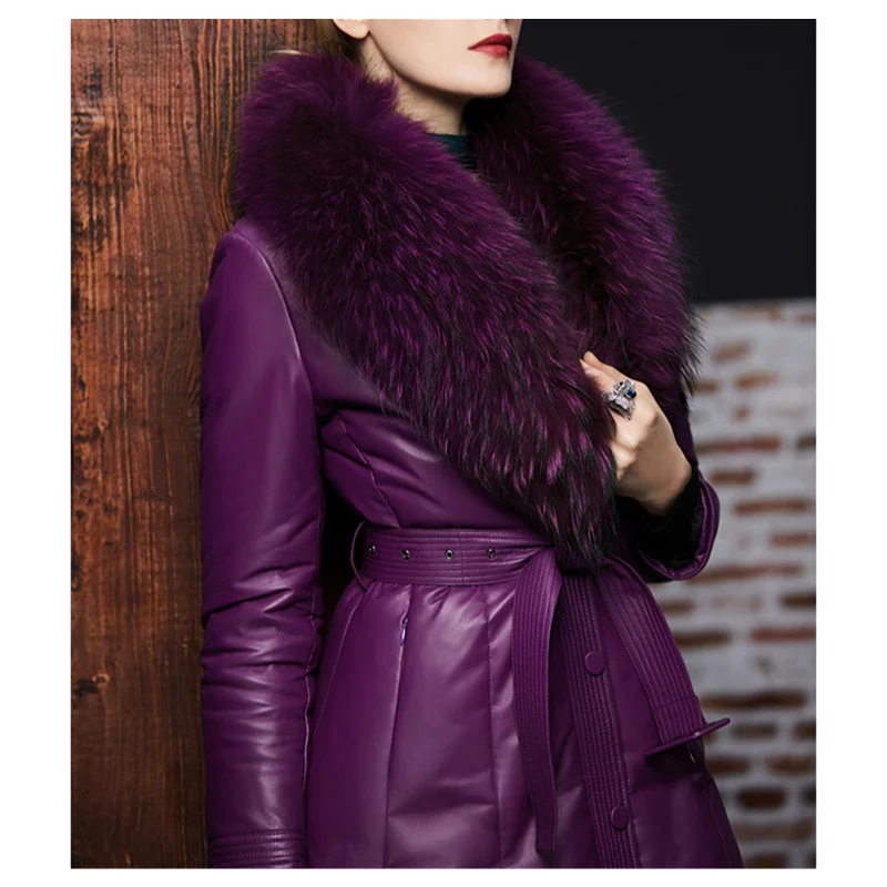 Luxury Medium Length Sheepskin Coat for Women, Elegant Lady, Thickened Leather Down Jacket, Big Raccoon Fur Collar, Genuine Coat