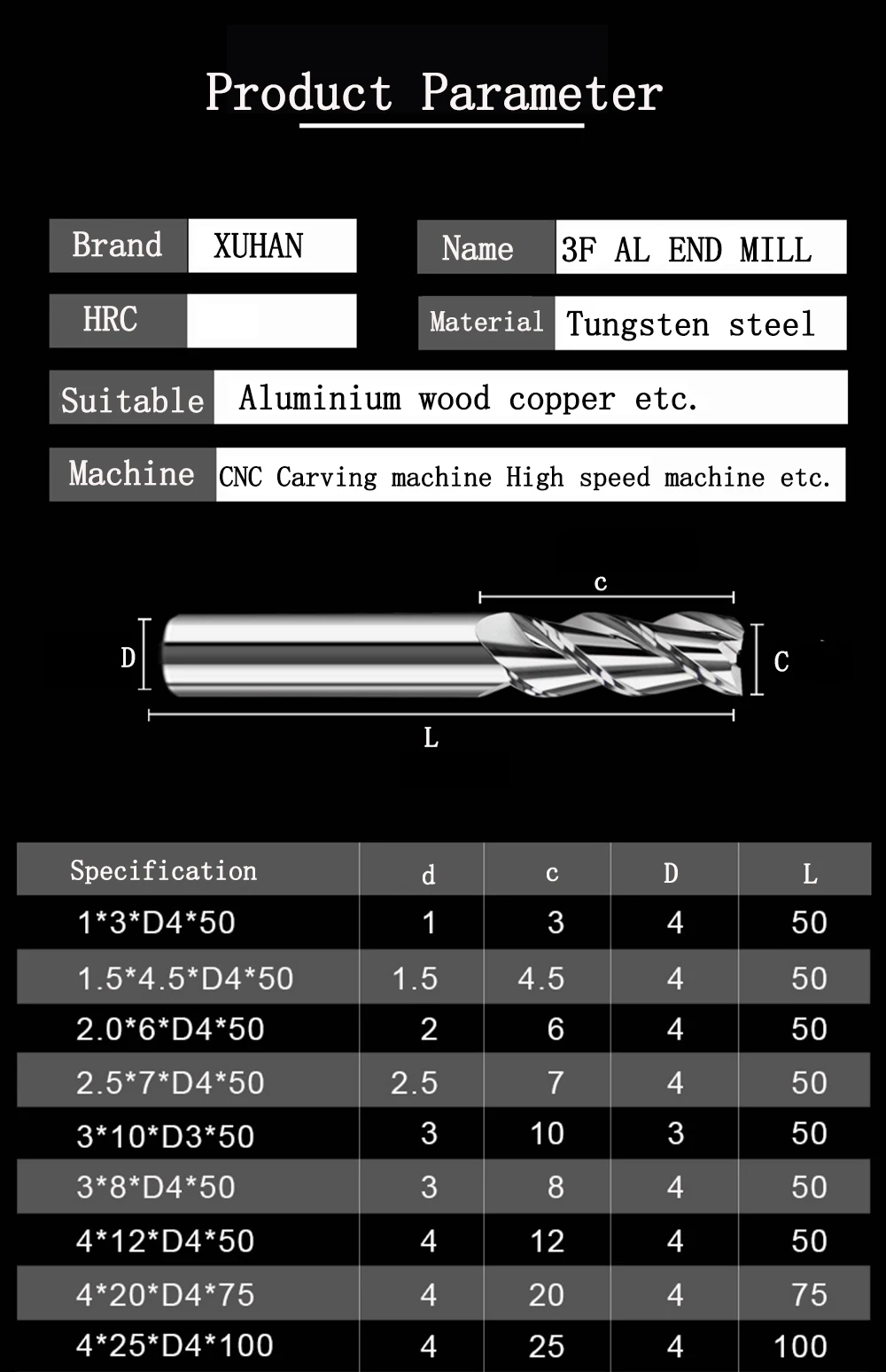 Fräser mit Legierungsbeschichtung aus Wolframstahl für Aluminium-CNC-Bearbeitung, 3-Klingen-Schaftfräser, Top-Fräser, Holzfräser – Detail 1