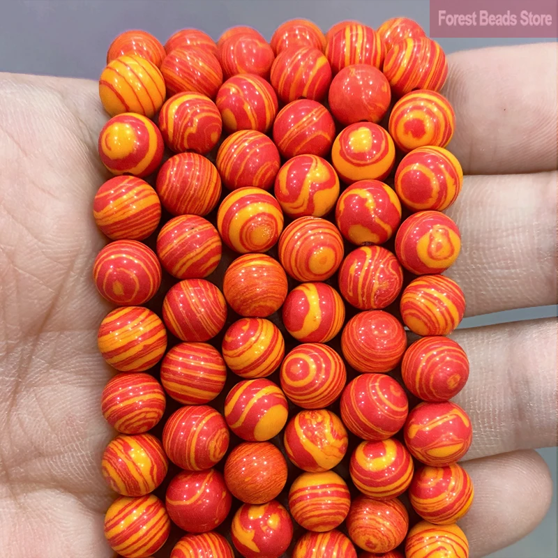 Yellow Red Malachite Round Loose Beads DIY Charms Bracelet Earrings Synthetic Stone for Jewelry Making 15'' Inch 4/6/8/10/12mm