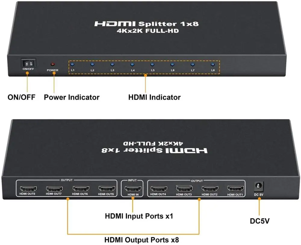 4K 1x8 HDMI 분배기, 1 in 8 출력 전원 8 방향 HDMI 분배기 오디오 비디오 분배기 증폭기 (충전기 포함) 풀 HD 3D 및 4K