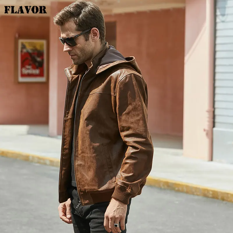 FLAVOR Men's Winter Jacket Genuine Leather Pigskin With Hood