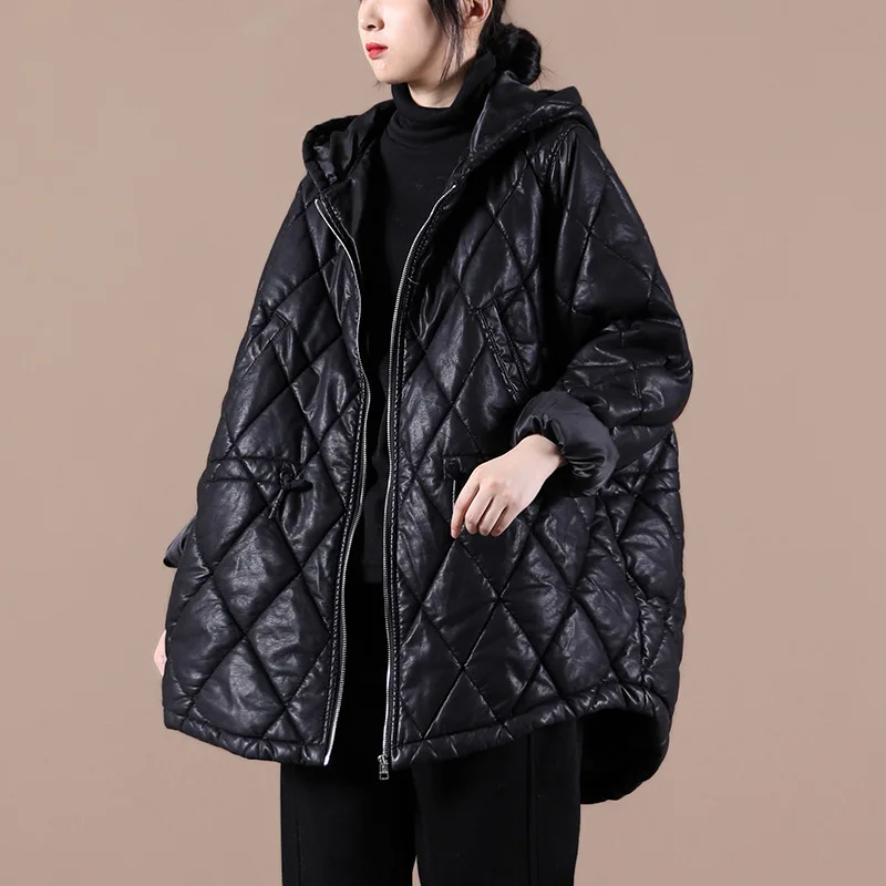 Female new autumn and winter Korean style plus size literary waist drawstring hooded thick cotton leather PU loose coat