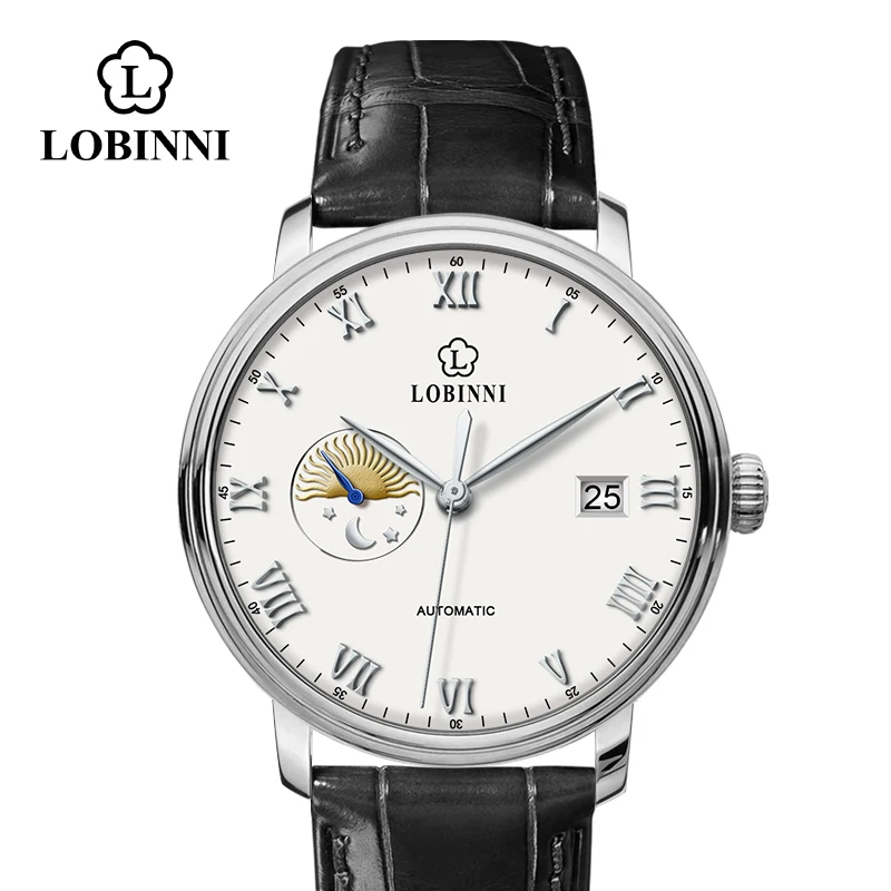 LOBINNI Switzerland Top Brand Japan Automatic Self-Wind Mechanical Movement Man Wristwatch Genuine Leather Men Watch Moon Phase