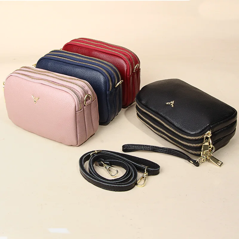 Genuine Leather Crossbody Bag Women Stylish Three-Layer Zipper Handbag Girl Ladies Solid Small Shoulder Messenger Bags Clutch