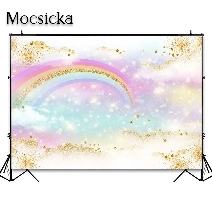 Mocsicka Rainbow Backdrop Blush Pastel Pink Gold Watercolor Splash Rainbow Birthday Photo Background Magical Party Decorations