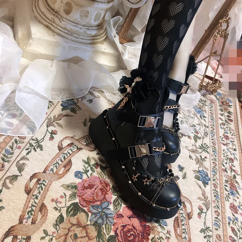 Black Punk Dark Street Platform High Top Women\'s Gothic Shoes Casual Ankle Boots Goth Buckle Chain Lolita Sweet Girls Shoes