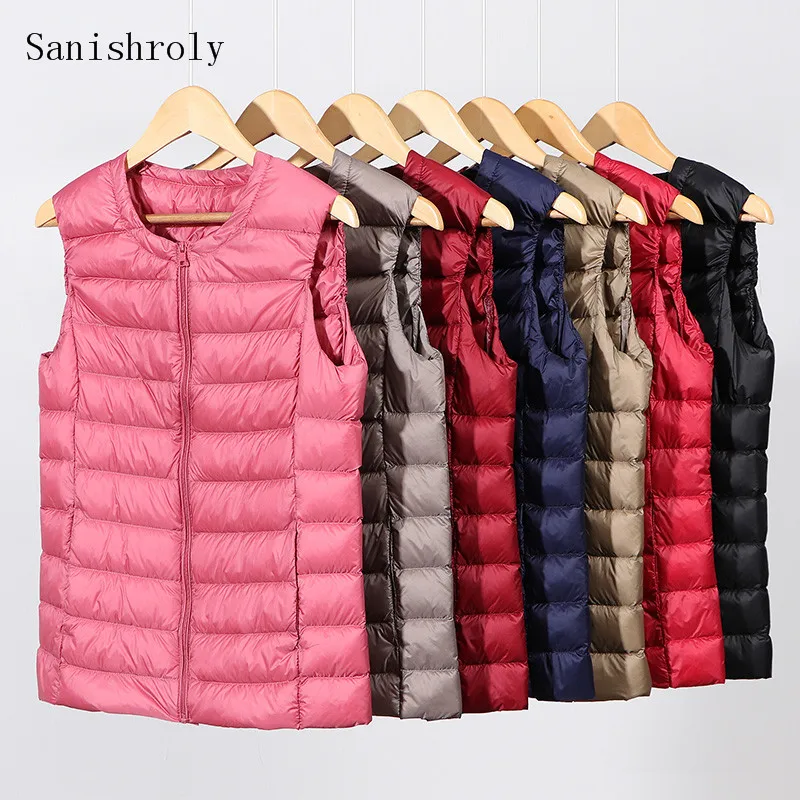 

Ultra Light Down Vest Coat Puffer Parkas Winter Women Short O Neck White Duck Down Vests Ladies Sleeveless Waistcoat Outwear 7XL