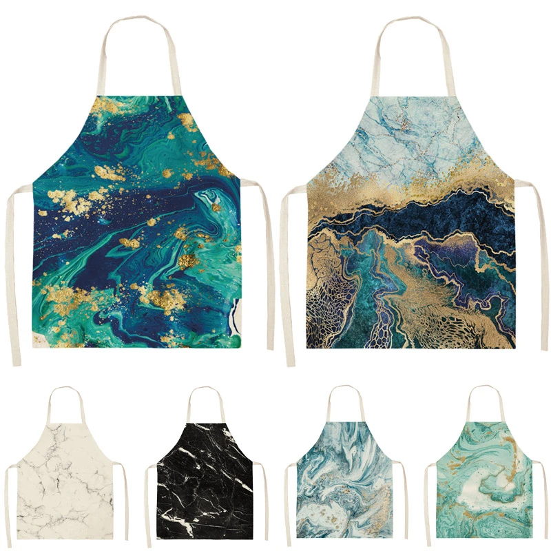 1Pcs Marble pattern Printed Cleaning Art Aprons Home Cooking Kitchen Apron Cook Wear Cotton Linen Adult Bibs 53*65cm WQ0110