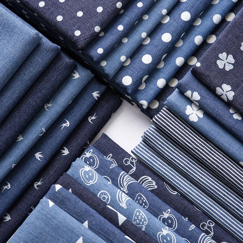 Summer Thin and Soft Cotton Printed Denim Fabric Clover Star Polka dots Stripe for Sewing Clothes Pants by the half Meter