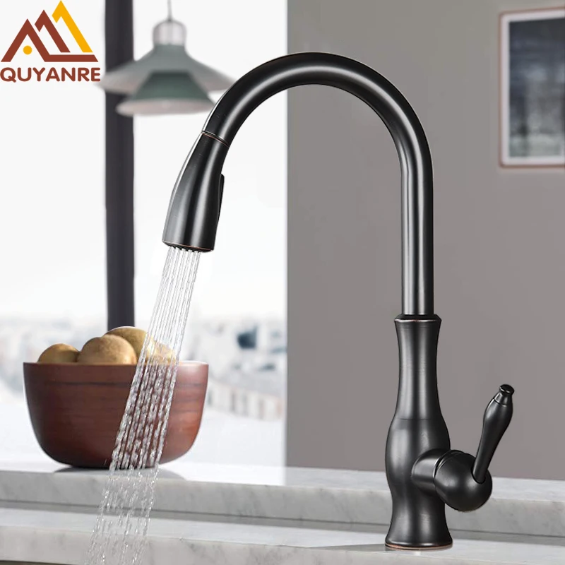 Quyanre Black Kitchen Faucets Pull Out Kitchen Sink Mixer Tap Single Lever Water Mixer Tap Crane For Kitchen 360 Rotation Mixer