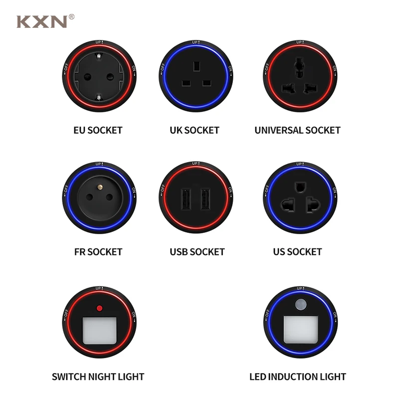 KXN Electrical Multi-Function EU UK US Universal British France Adapters Plugs Aluminum Alloy With LED For Power Track Sockets