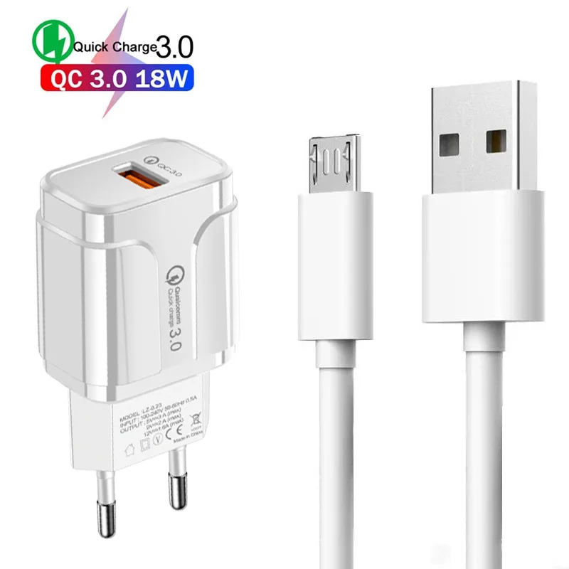 

Fast Charger Quick Charge 3.0 18W EU Plug Phone Charger For OPPO F11 F9 Pro A1K A15 A12 Realme C15 C12 C11 C3 C2 Micro USB Cable