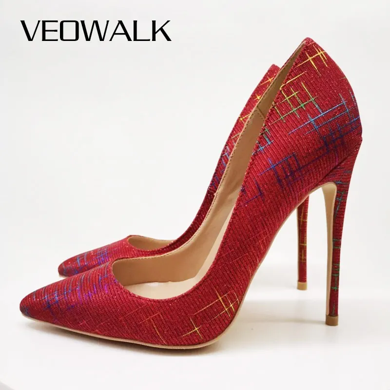 

Veowalk женские красные Звездные тканевые туфли-лодочки с острым носком на шпильке 8 см 10 см 12 см элегантные женские свадебные туфли на высоком каблуке приблизительно 33-45